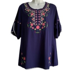 Floral Embroidered Blue Tunic Top Sz M